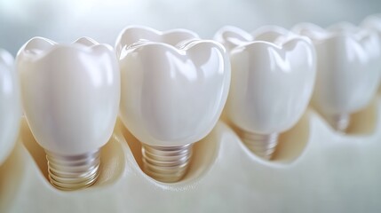 Closeup view of prosthetic dental implant and teeth. The concept of dental health and hygiene.
