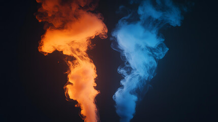 Abstract image of vibrant orange and blue smoke plumes against a dark background swirling and intertwining