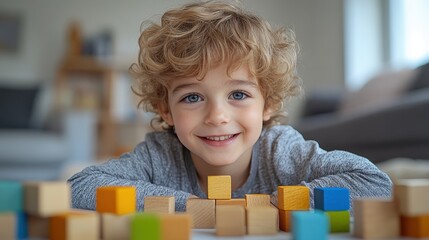 Child psychologist engages in playful therapy with young boy using colorful wooden blocks