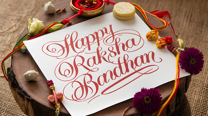 A Beautiful Close-Up of a Handwritten 'Happy Raksha Bandhan' in Elegant Calligraphy, Surrounded by Traditional Rakhi Threads, Sweets, and Flowers on a Rustic Wooden Table for a Heartwarming and Festiv