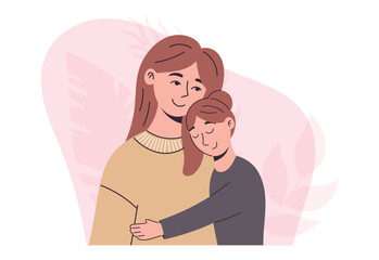 Heartwarming vector isolated flat illustration of mother embracing her daughter with love and care. Soft pastel colors, modern minimalistic style perfect for family designs, prints, social projects.