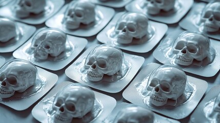 Skull-shaped pills symbolize drug safety and poison risk.