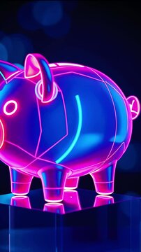 Vibrant neon piggy bank sculpture illuminated against a blurred blue background, symbolizing savings