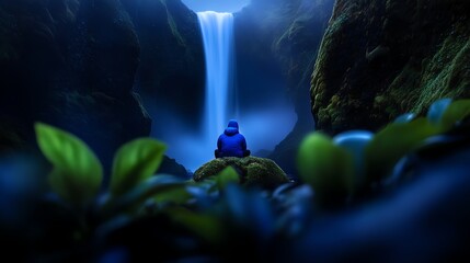 A serene waterfall surrounded by lush green foliage, with a solitary figure in blue meditating nearby