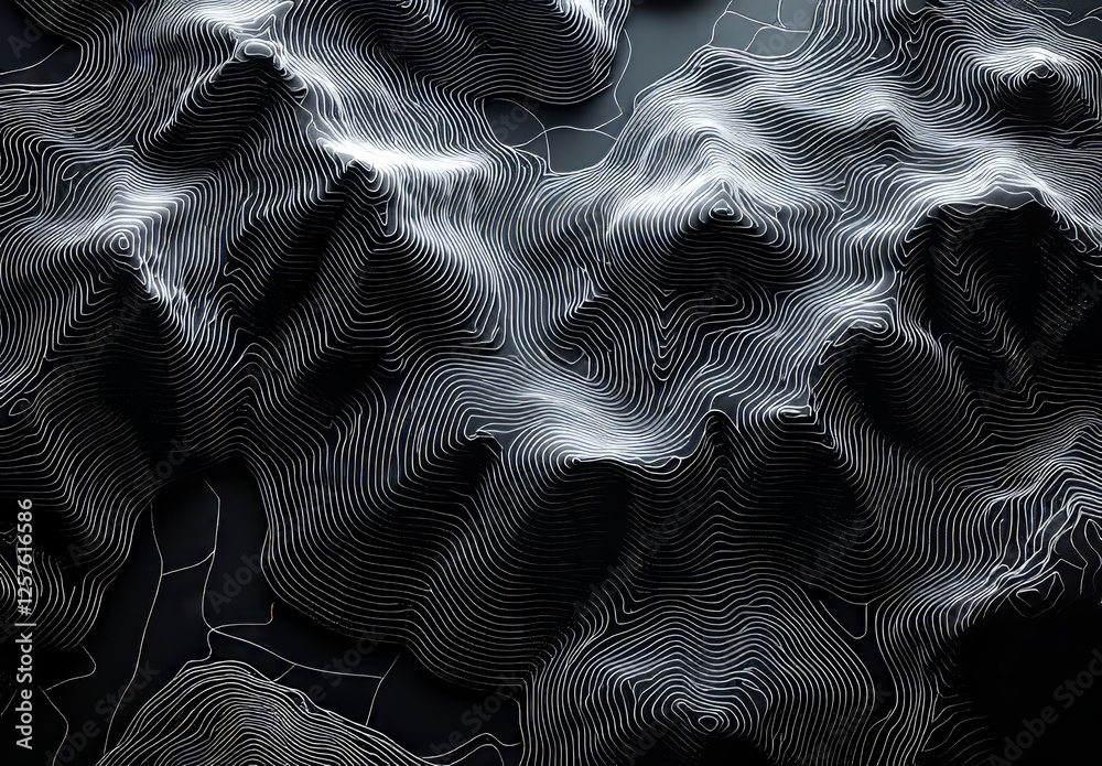 Poster abstract black background with white wavy topographic lines overlaying a horizontal flow pattern