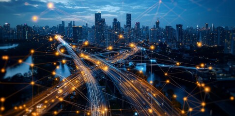 Abstract smart city lights illuminate the night, casting a glow over the river and bridge, symbolizing network connectivity and technological advancements in telecommunications