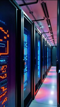 High-tech data center corridor illuminated by colorful lights, showcasing server racks and technology