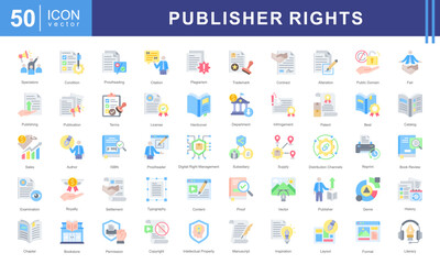 Publisher Rights icon set featuring icons related to publishing, copyright, licensing, plagiarism, royalties, and intellectual property. Ideal for authors, editors, and legal publishing materials.