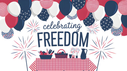 Obraz premium Lively Design with an Assortment of Red, White, and Blue Balloons Floating Above a Picnic Table, Surrounded by Sparklers, and the Words 'Celebrating Freedom' in Bold, Festive Letters with Decorative 