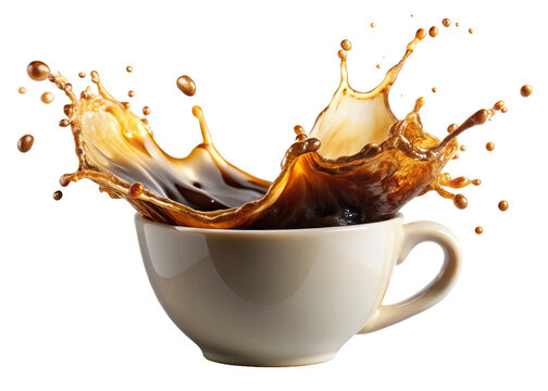 Coffee splash in a white cup on black isolated on transparent background - Dynamic image of coffee splashing out of a white cup with a dark background, capturing an action shot of liquid motion.