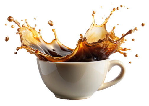 Coffee splash in a white cup on black isolated on transparent background - Dynamic image of coffee splashing out of a white cup with a dark background, capturing an action shot of liquid motion.