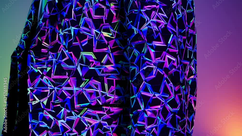 Aufkleber geometric patterns on a vibrant suit, creating a dynamic and modern fashion design against an abstract background