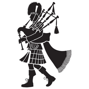 Silhouette of a scottish bagpiper wearing kilt playing pipes illustration