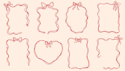 Vintage bows frame for greeting cards, wedding and birthday party, picnic invitations in cute elegant coquette style. Hand drawn pink frames with bow and ribbons border illustration