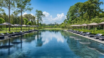Obraz premium Tranquil resort pool, lush greenery, sunny day, relaxation