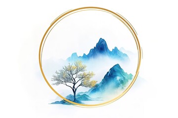 Serene Mountain Landscape with Golden Frame