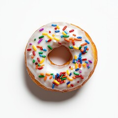 A vividly colored iced donut adorned with sprinkles, isolated on a white background, makes for a perfect treat to satisfy any sweet tooth
