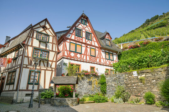 Altbauten, Fachwerkh&auml;user, Rosenstra&szlig;e, Altstadt, Bacharach, Rheinland-Pfalz, Deutschland