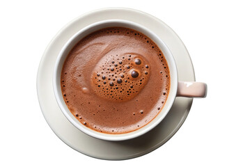 Top view of a cup of hot chocolate isolated on transparent background-A close-up top view of a white cup filled with hot chocolate, featuring a smooth, frothy surface and warm color.