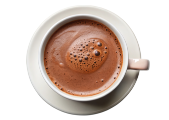 Top view of a cup of hot chocolate isolated on transparent background-A close-up top view of a white cup filled with hot chocolate, featuring a smooth, frothy surface and warm color.