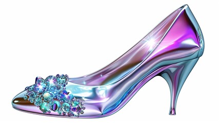Naklejka premium A designer high-heel shoe with crystal embellishments and an elegant pointed toe, isolated on white. The glossy finish and sophisticated curves showcase premium fashion.