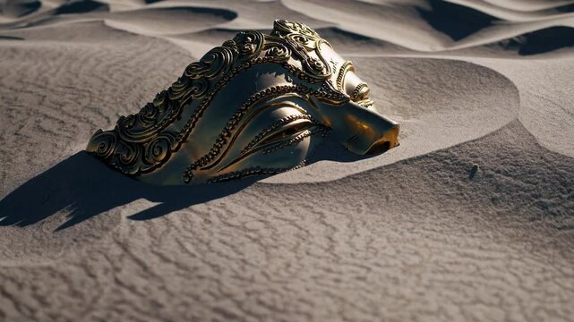  a golden pharaoh mask, with warm desert winds subtly shifting the sand, creating a majestic and mysterious ancient Egyptian atmosphere