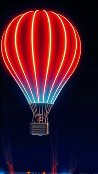 A vibrant hot air balloon glowing in neon colors against a dark sky, evoking a festive atmosphere