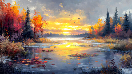 Fototapeta premium A stunning digital-painted autumn landscape at sunset. A calm body of water reflects the golden hues of the setting sun, surrounded by trees ablaze with red, orange, and yellow foliage.