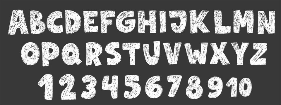 Crayon kids font, doodle funny playful alphabet. Hand drawn scribble kid typescript numbers. School wax crayon abc cute kindergarten handwriting playful letters, digits. Vector pencil children font.