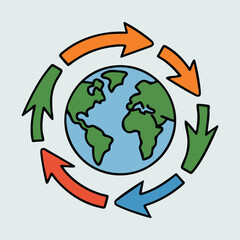 globe with arrows Line art of the Earth surrounded by circular arrows representing recycling, with a white background.