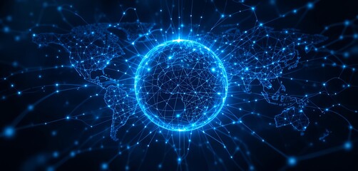 Obraz premium Connected World: A Global Network Visualization with Luminous Nodes and Lines