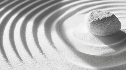 Minimalist zen garden with white sand and stones creating concentric circles in bright sunlight