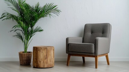 Relaxing armchair, plant, wooden stool, interior design