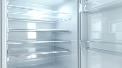 Empty refrigerator interior, clean shelves, bright lighting, kitchen appliance, food storage