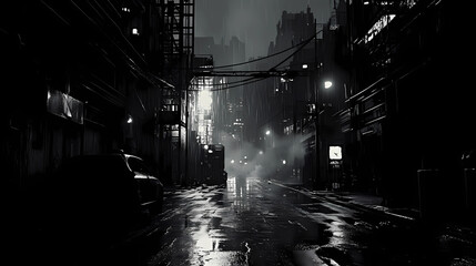 Cyberpunk streets illustration, futuristic city, dystoptic artwork at night, 4k wallpaper. Rain foggy, moody empty future