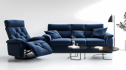 Dark blue sofa and recliner chair in scandinavian apartment. Interior design of modern living room.
