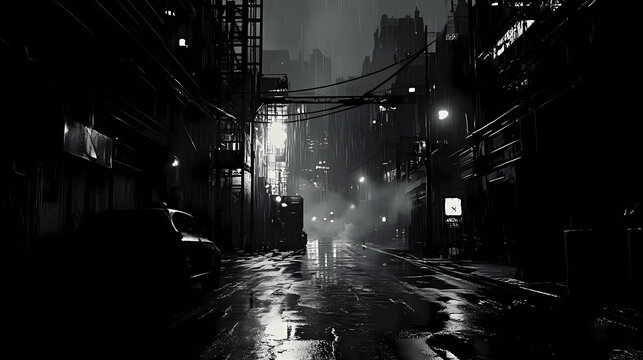 Cyberpunk streets illustration, futuristic city, dystoptic artwork at night, 4k wallpaper. Rain foggy, moody empty future