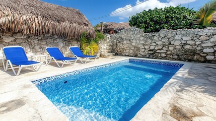 Fototapeta premium Tropical courtyard pool, relaxing chairs, thatched roof