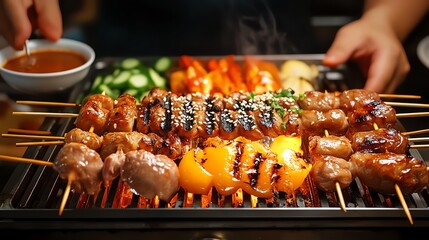 A vibrant display of grilled skewers featuring various meats and vegetables. The smoky aroma fills the air, inviting everyone to savor this delicious outdoor dining experience.