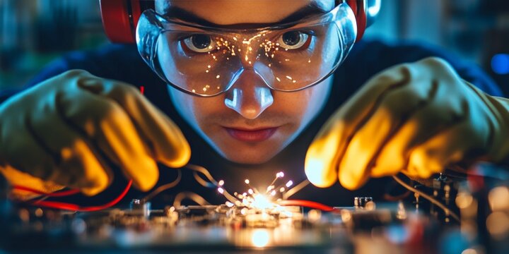 Electrician fixing short circuit, causing electrical sparks and fire