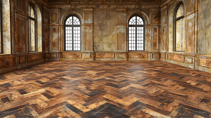 Obraz premium Grand hall, parquet floor, arched windows, aged walls, interior design