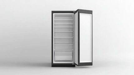 Empty black refrigerator, open door, white background, kitchen appliance, product shot