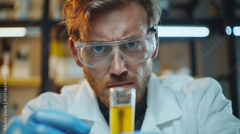 Poster a focused scientist in a lab coat and safety goggles carefully analyzes a test tube containing a vib