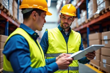 Two male construction workers in a warehouse discussing project details while reviewing a clipboard, showcasing teamwork and safety in logistics operations.