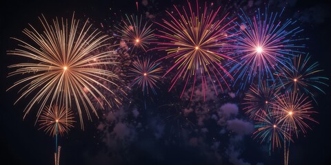 Fototapeta premium Vibrant Fireworks Display Lighting Up the Night Sky with Colorful Bursts and Patterns in a Festive Celebration Atmosphere