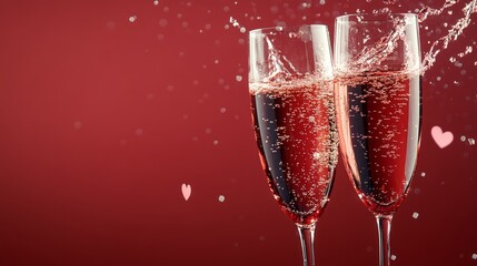 Overflowing champagne glasses splashing on red background in honor of special occasion, with space for text