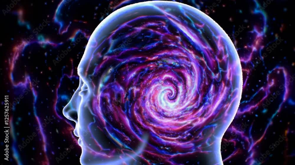 Poster a cosmic vortex within a human head, with galaxies and nebulae spiraling inward, creating a surreal 