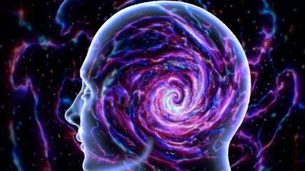  a cosmic vortex within a human head, with galaxies and nebulae spiraling inward, creating a surreal and introspective space-time effect - Powered by Adobe