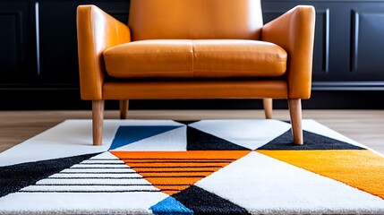 Orange Leather Chair On Colorful Geometric Rug