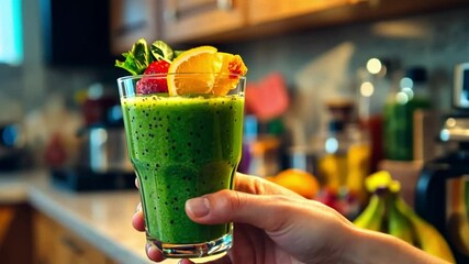 This video showcases a refreshing green smoothie in a glass. Ideal for a healthy lifestyle. Perfect for blogs about wellness and nutrition. A delightful drink to enjoy. Generative AI